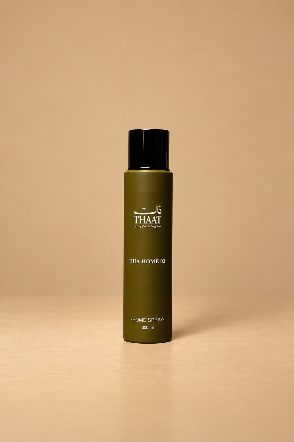 THA HOME 03 من ذات — معطر منزلي 300 مل بعبوة زيتونية — خلفية بيج