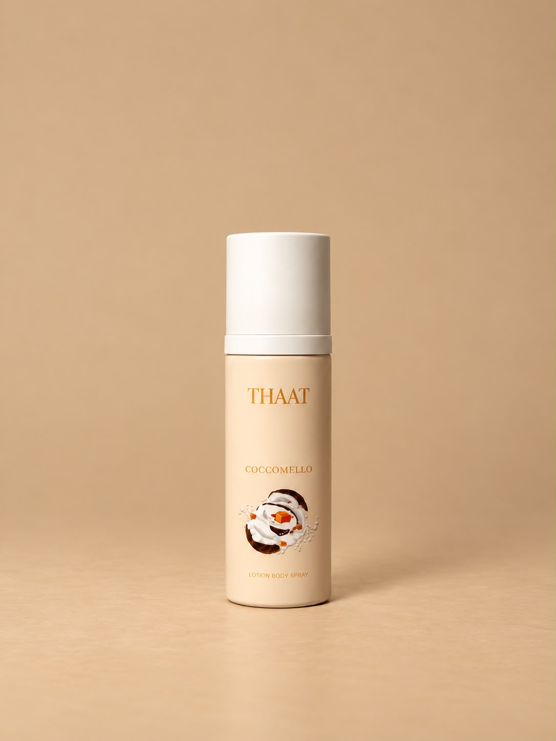 COCCOMELLO من ذات — Lotion Body Spray بجوز الهند والكراميل — خلفية بيج